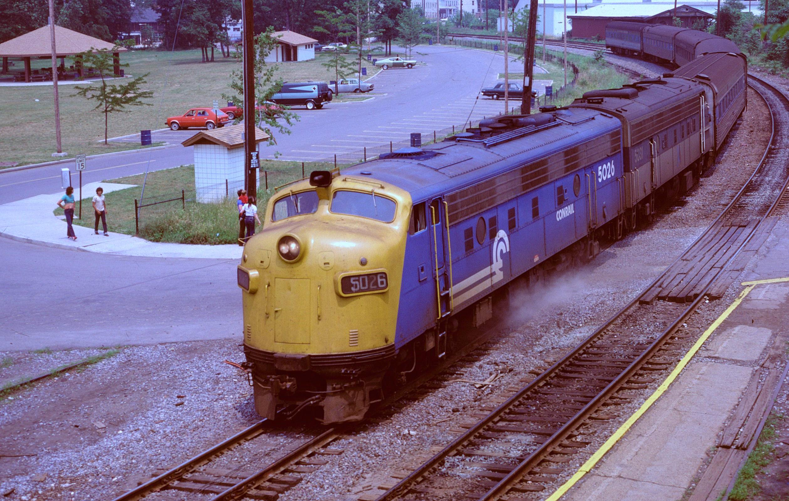 A pair of Conrail EMD FL9s prepare to stop at Peekskill, NY with a ...